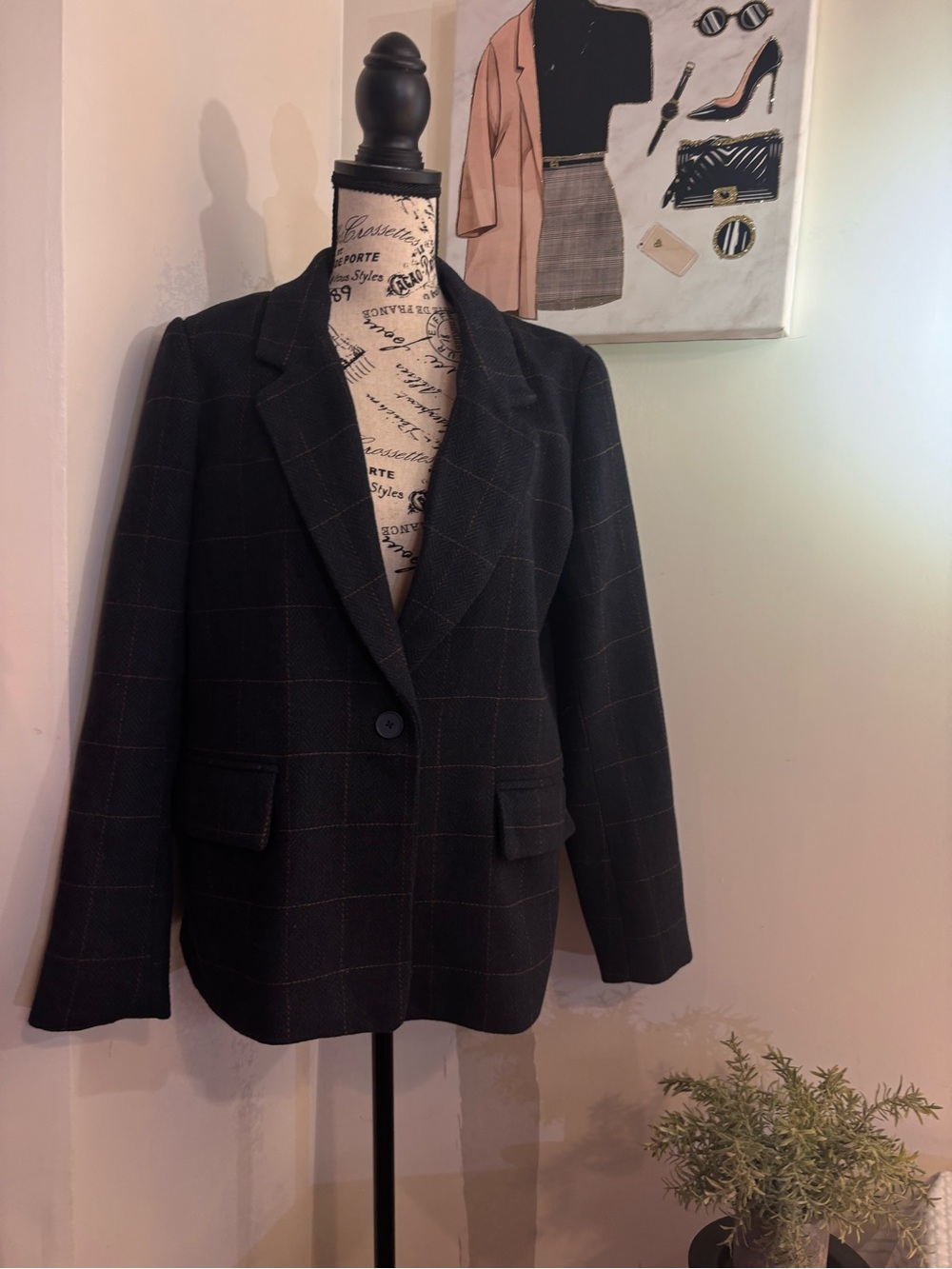 Rachel Zoe Black Windowpane Blazer with Subtle Grid